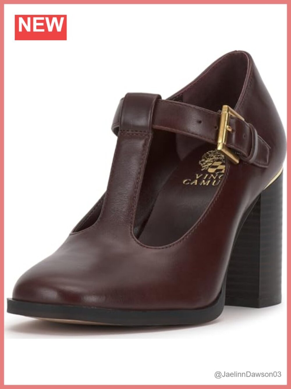 Leather T-Strap Block Heel Almond Toe Pumps Heels